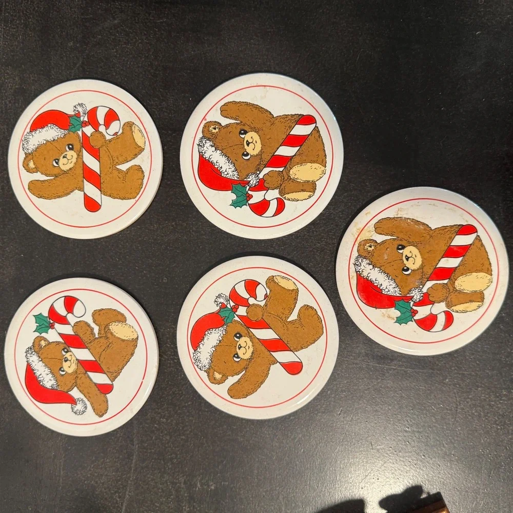 Vintage 1988 House of Lloyd Christmas Teddy Bear Coaster Set with Wood Caddy 5pc